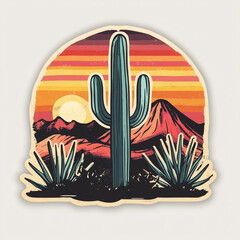 
A stylized desert landscape with cacti, mountains, and a setting sun in the background, featuring vibrant colors and artistic brush strokes.