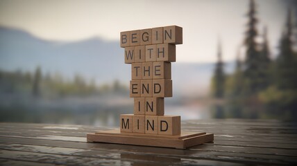 Wooden blocks spelling “Begin With The End In Mind” on a table with a blurred landscape background. Symbolizes goal setting, vision, and purpose-driven action.	