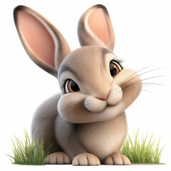 Happy cute rabbit sitting in grass isolated on white background