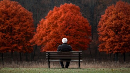 An elderly man sitting alone on a park bench, staring into the distance, conveying nostalgia and solitude.