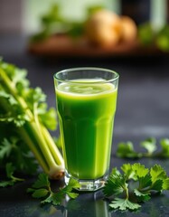 Emerald green celery juice in a glass, fresh and vibrant, studio shot, cleanse