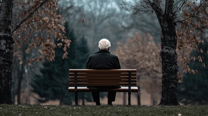 Fototapeta premium An elderly man sitting alone on a park bench, staring into the distance, conveying nostalgia and solitude.