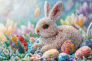 Festive beaded bunny surrounded by vibrant Easter eggs and flowers in a springtime setting. Designed with intricate patterns and bright colors, it symbolizes the joyful spirit of the holiday season.
