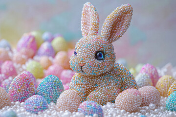 Festive beaded bunny surrounded by vibrant Easter eggs and flowers in a springtime setting. Designed with intricate patterns and bright colors, it symbolizes the joyful spirit of the holiday season.