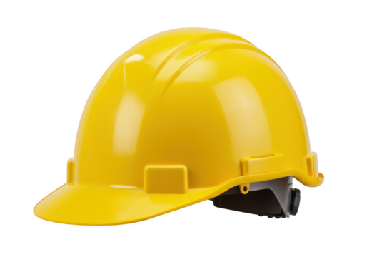 A bright yellow construction hard hat with a smooth dome shape and interior adjustment strap isolated on transparent background