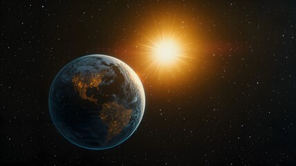 Beautiful sunrise on the planet Earth with blue glowing light