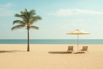 Relaxing tropical beach with palm tree, umbrella and sunbeds invites to vacation