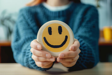 A cozy image of a person in a blue sweater presenting a smiley face cushion to the viewer