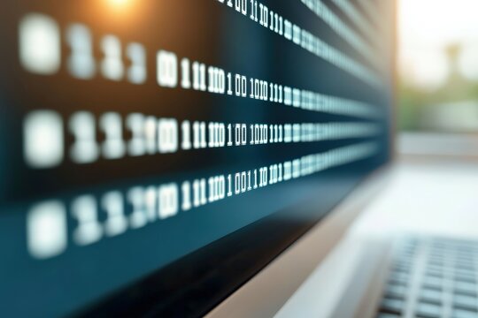Binary code displaying on computer monitor screen in modern office setting