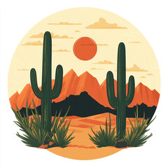 
A stylized desert landscape with cacti, mountains, and a setting sun in the background, featuring vibrant colors and artistic brush strokes.