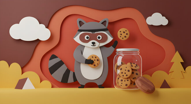 whimsical 3D paper art a raccoon wearing a bandit