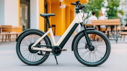 Fototapeta premium A sleek electric bike stands parked against a vibrant yellow backdrop, showcasing modern urban mobility in a lively outdoor setting.