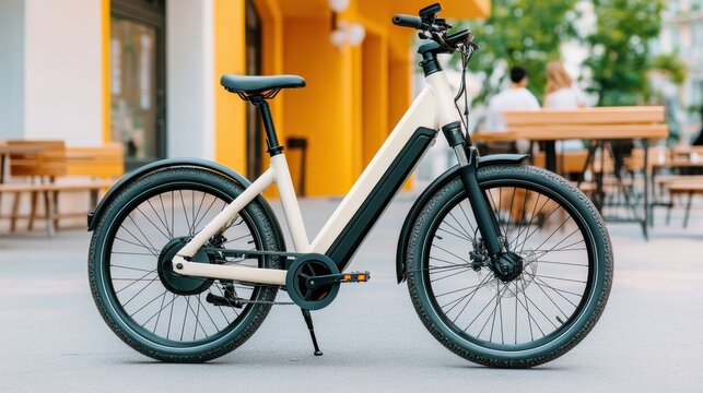 A sleek electric bike stands parked against a vibrant yellow backdrop, showcasing modern urban mobility in a lively outdoor setting.
