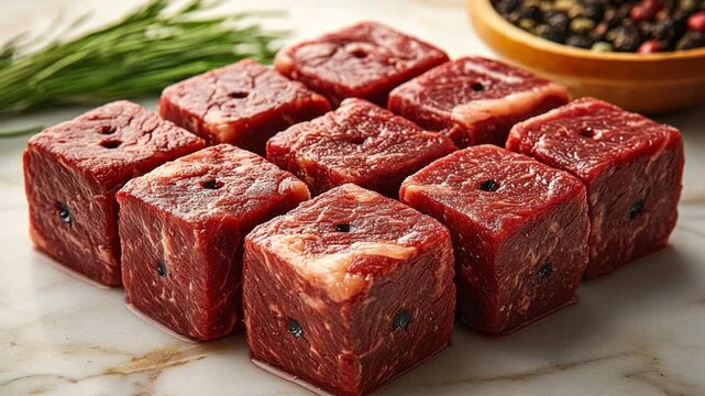 Exquisite Cubes of Raw Meat: An overhead view captures the enticing presentation of raw meat cubes, artistically arranged to showcase the rich color and textures of the protein