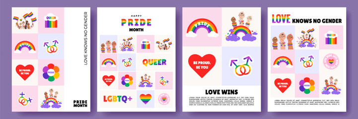 LGBTQ poster set with rainbow elements. Vector design template for Pride Month celebration.