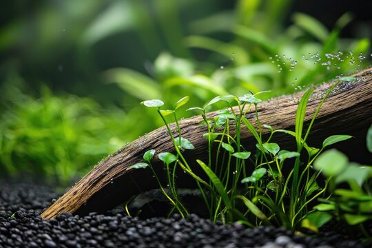 Lush aquatic plants thriving on a submerged log in a planted aquarium, creating a vibrant underwater ecosystem.