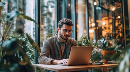 Obraz premium Man Using Laptop in Cafe Surrounded by Plants, Focusing on Screen