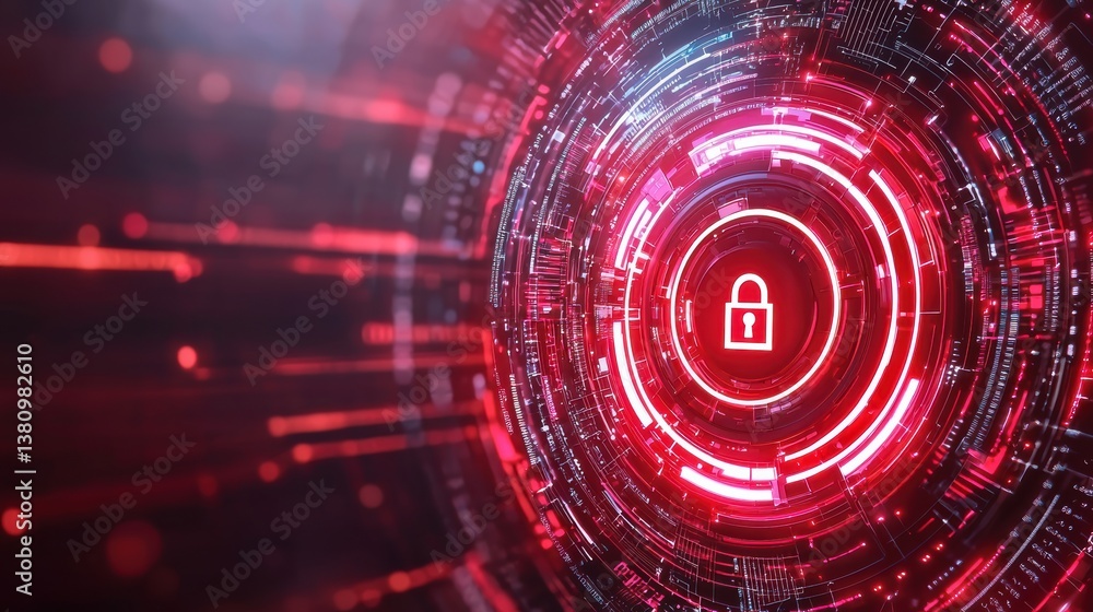 Poster a futuristic digital lock symbol set in a vibrant red circular design, representing cybersecurity an