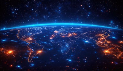 Illuminated Earth at Night From Space, Blue and Orange City Lights Against Dark Background