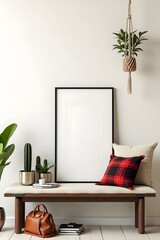 Stylish composition of living room interior with mock up frame, wooden bench, pillow, plaid, woman bag, books, cacti, macrame, plant, decoration and elegant personal accessories.