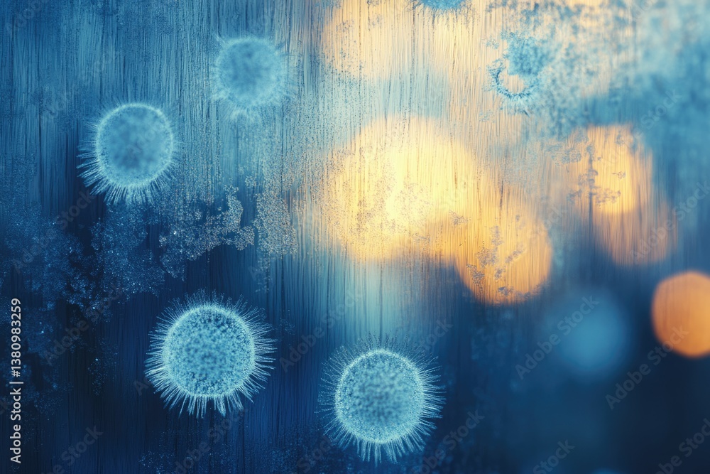 Aufkleber frost patterns on a window resemble microscopic organisms, creating a beautiful, cold, and slightly 