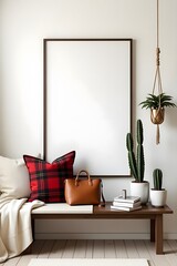Stylish composition of living room interior with mock up frame, wooden bench, pillow, plaid, woman bag, books, cacti, macrame, plant, decoration and elegant personal accessories.