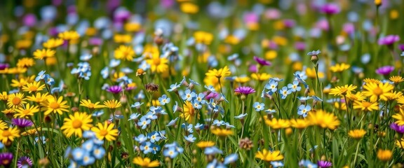 Vibrant blue forget-me-nots scattered amongst sunny yellow and purple wildflowers in a lush meadow, bright, outdoor