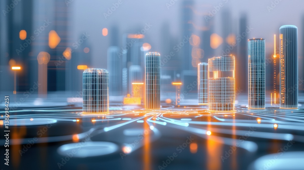 Poster a futuristic cityscape featuring illuminated skyscrapers and a grid layout, showcasing a blend of te