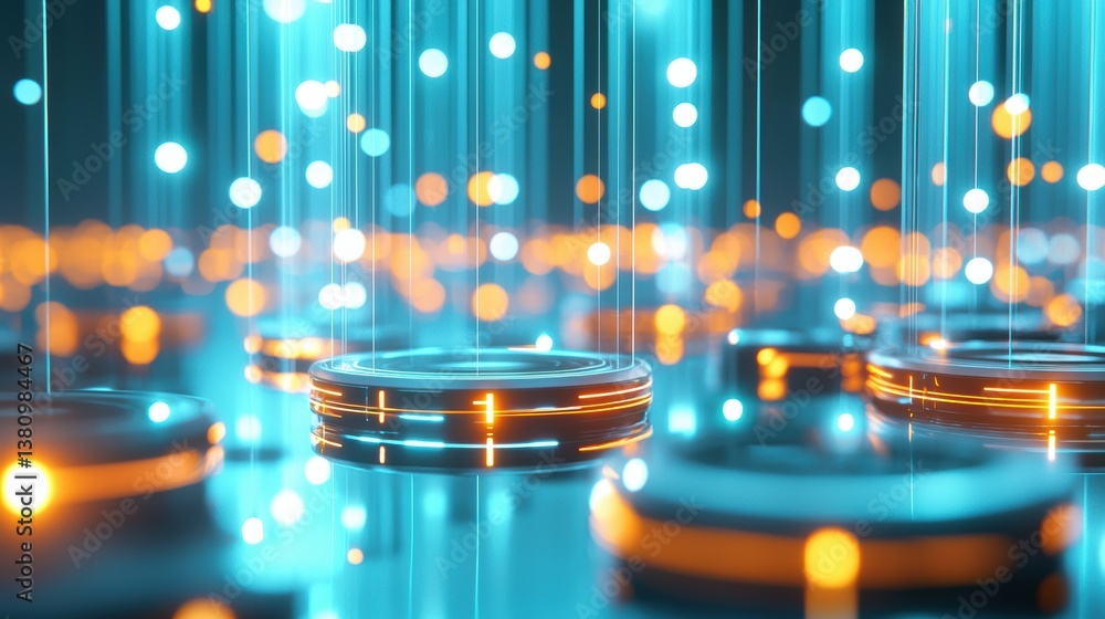 Poster a vibrant digital scene displaying floating discs illuminated by blue and orange lights, creating a 