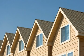 Row of modern gable roofs and windows under blue sky