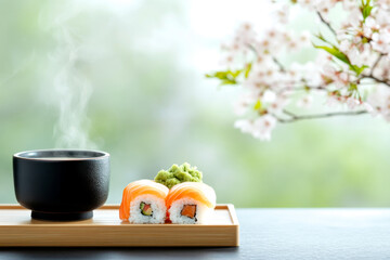 A serene sushi presentation featuring colorful rolls and a steaming cup, complemented by delicate cherry blossoms in the background.
