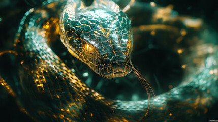 massive cybernetic serpent with intricate metal scales and glowing eyes coils menacingly. futuristic design and detailed textures create sense of awe and intimidation