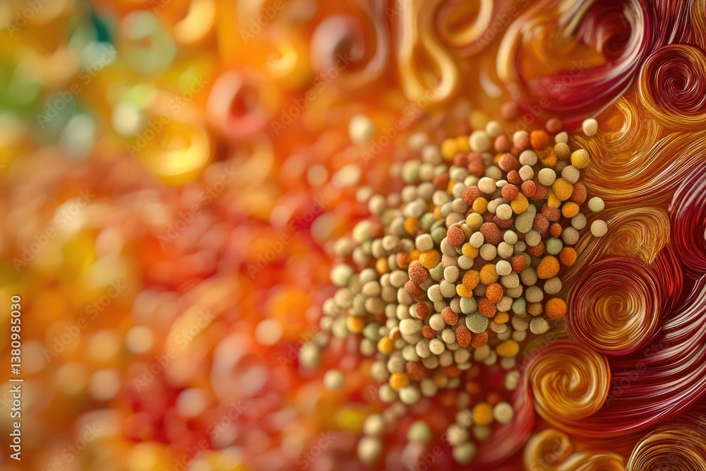 Poster abstract 3d render of colorful swirling textures and a cluster of small spheres.