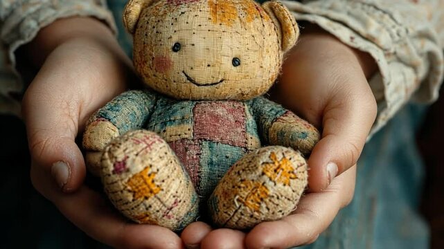 Soft Embrace: A child's hands cradle a well-loved, patchwork teddy bear, symbolizing comfort, nostalgia, and the enduring power of childhood memories.