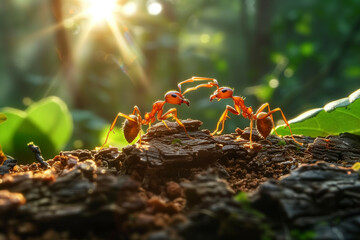 The image captures a close-up view of three vibrant orange ants interacting on a piece of bark