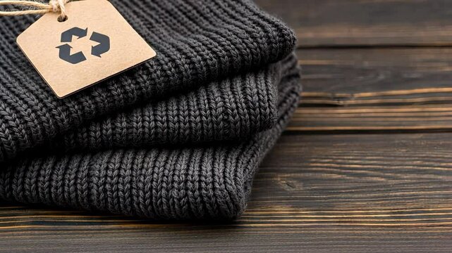 A cozy array of warm, hand-knitted sweaters is meticulously arranged, each adorned with a recycled tag that emphasizes commitment to sustainable fashion practices and eco-friendly choices