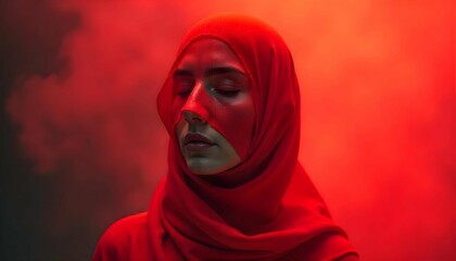 A portrait of a person's face. The person is facing away  with their head turned slightly to the side. The background is a gradient of red and pink, creating a dramatic and moody atmosphere. 