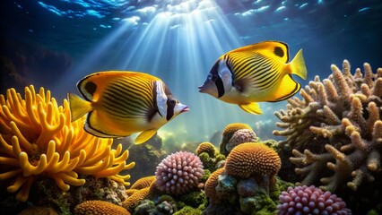 Obraz premium Vibrant Tropical Fish Swimming Among Colorful Coral Reef Habitat