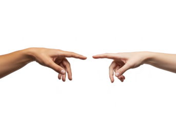 Two human hands reaching toward each other isolated on transparent background