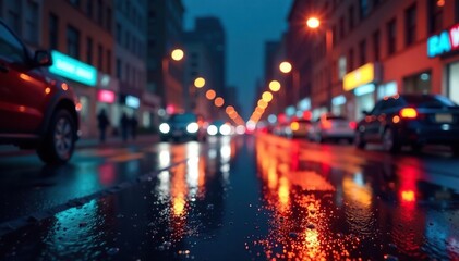 Abstract late-night city lights reflecting on wet pavement, dark, lights