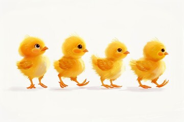 Group of five fluffy yellow chicks standing together on clean white background