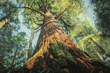 Majestic redwood tree viewed from below, sunlight illuminating its massive trunk and moss-covered base.
