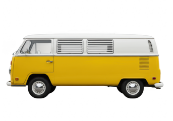A side view of a retro yellow and white camper van with horizontal vents chrome hubcaps isolated on transparent background