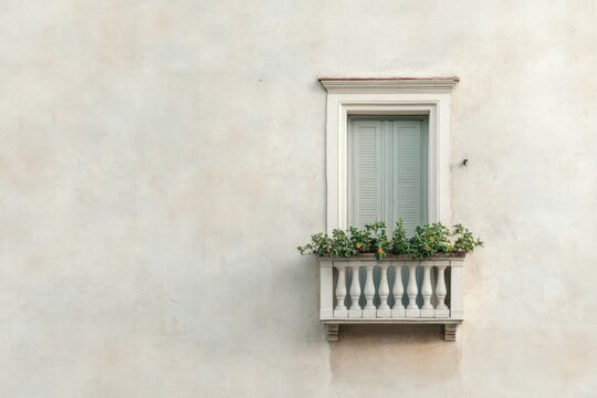 Elegant window with balustrade and flowers adorning a textured wall