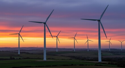 Massive wind turbines generate clean energy under a breathtaking evening sky