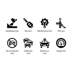 Handbrake, Key, Maintenance, GPS, No car allowed, Traffic jam, Electric car, Gauge, Black Icon Set