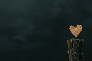 Wooden heart rising from mossy tree stump against dark background