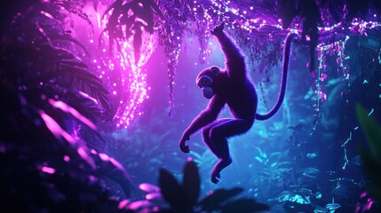 Naklejka premium Monkey Swinging in Lush Jungle with Vibrant Pink and Blue Lighting