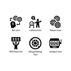 Bet, Lottery, Tokens, Winning, NO gambling, Jackpot, Black Icon Set