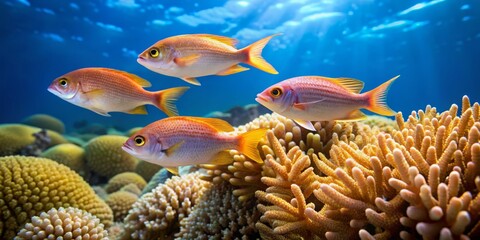 Obraz premium Colorful Marine Fish Swimming Above Vibrant Coral Reef Underwater